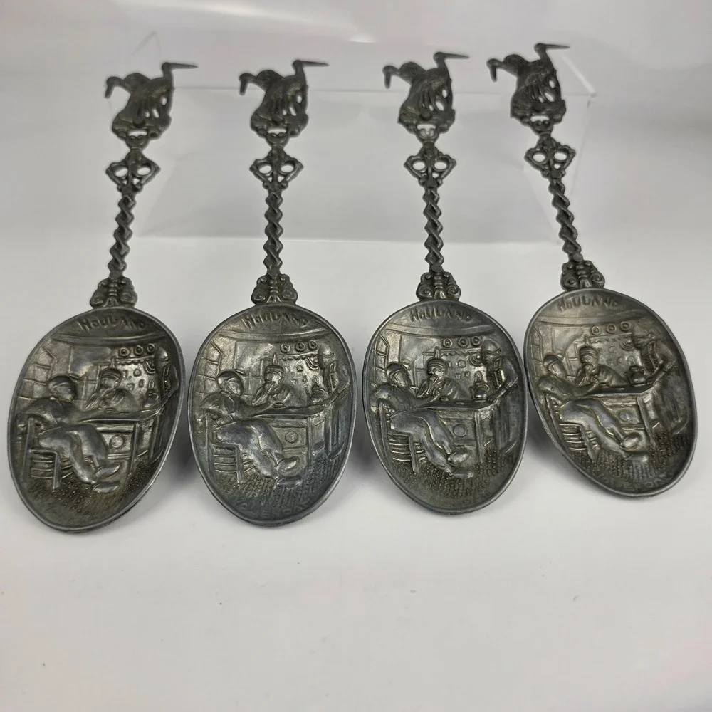 Antique Dutch Pewter Souvenir Spoons Set of 4 Volendam Holland Stork Tavern Scen